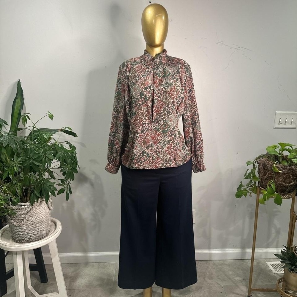 Vintage brick green floral‎ blouse with a mandarin collar 10 Large boho academia